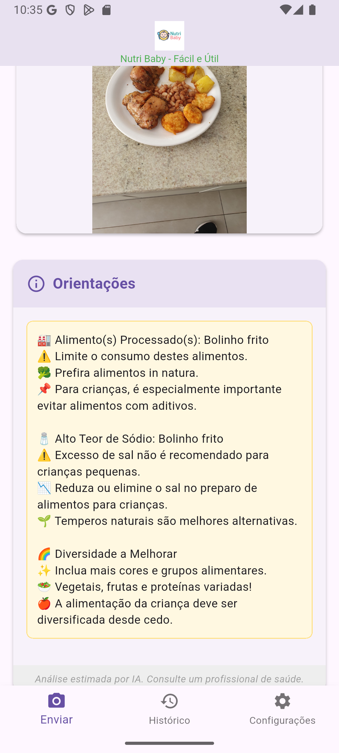 Tela real com orientações geradas após a análise da refeição
